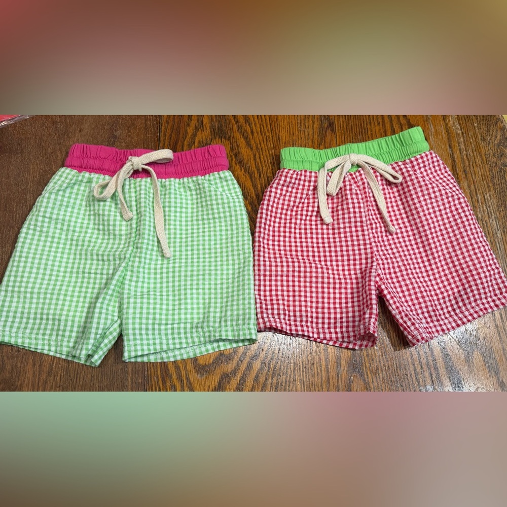 Two Pair Child sz 3T Seersucker Drawstring  Shorts - 1 Green/1 Red